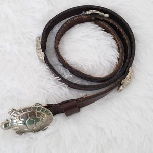 Silvertone and Leather Belt With Turtles